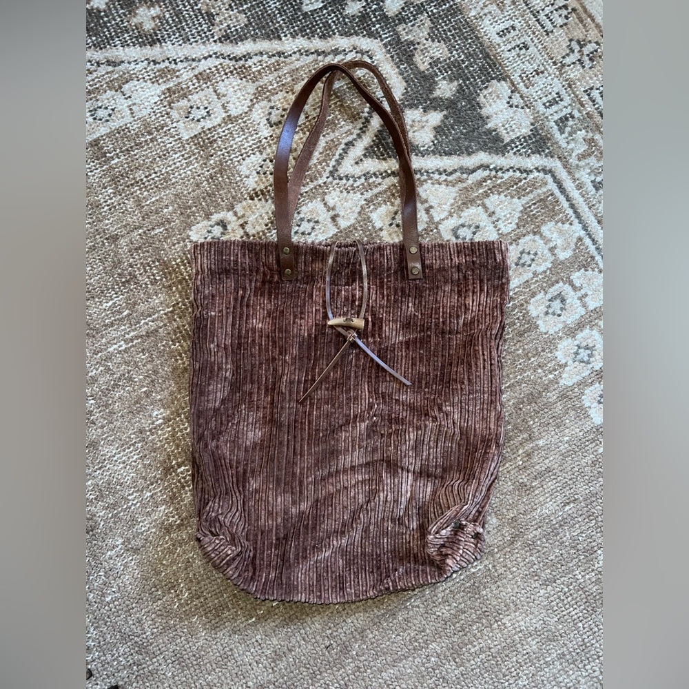 Free People Brown Corduroy Tote Bag with Leather Handles